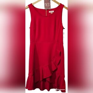 WOMEN'S N.W.T. RED CALVIN KLEIN  MIDI  RUFGLES DRESS SZ. 8